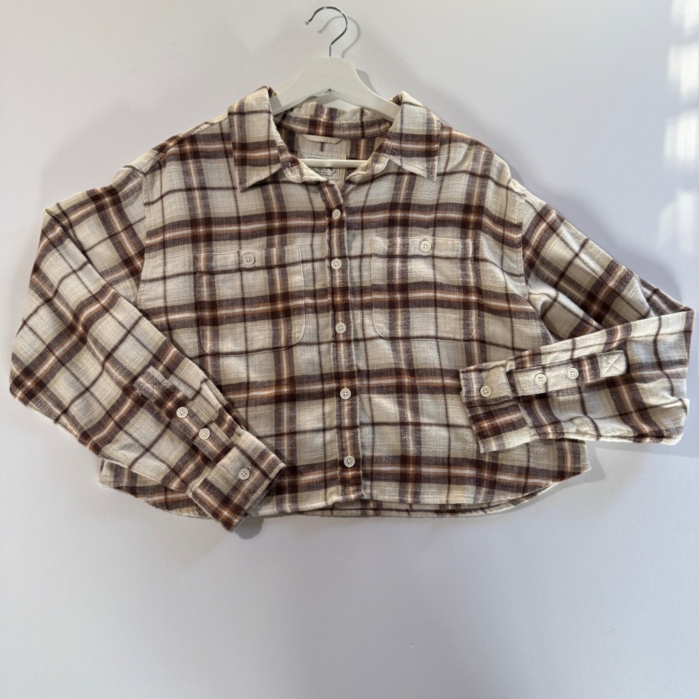 American Eagle Plaid Cropped Flannel Shirt Women's  Long Sleeve Button Up Size S
